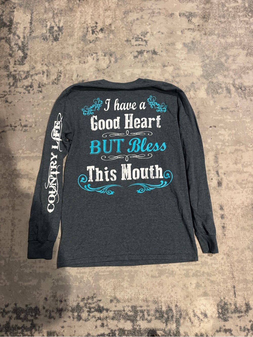 Graphic Long Sleeve Tee - Charcoal with Teal & White Print